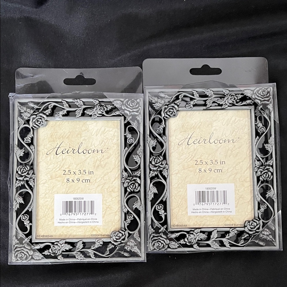 2 Vtg 2004 Burnes Pewter Frames Roses Floral Holds 2.5”x3.5” Picture Frames NIP